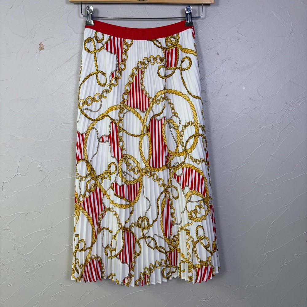 Aritzia Babaton Pleated Midi Skirt XS Twirl Gold Chain Print Nautical Preppy